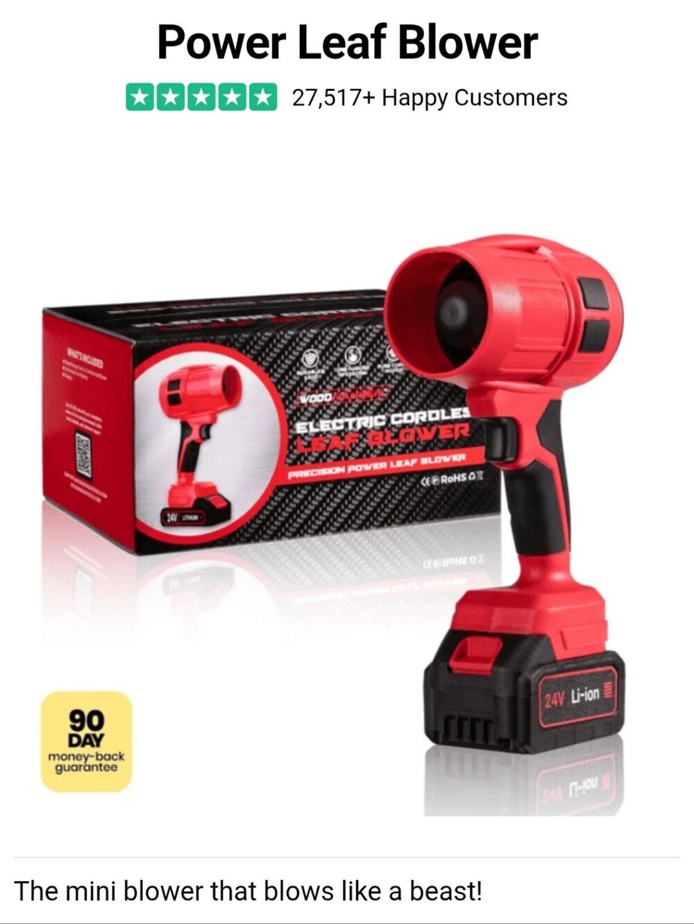 Woodranger Compact Red Cordless Leaf Blower with 24V Li-ion Pack